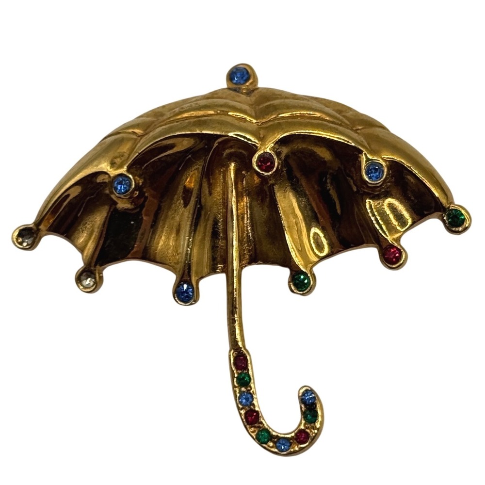 Vintage Umbrella Brooch Gold Tone Multi Color Rhinestone Pin READ